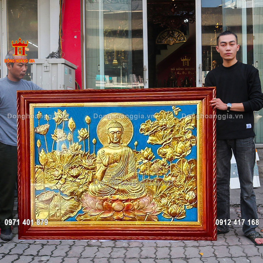 Tranh Đức Phật ngồi thiền hoa sen bằng đồng mạ vàng cao cấp